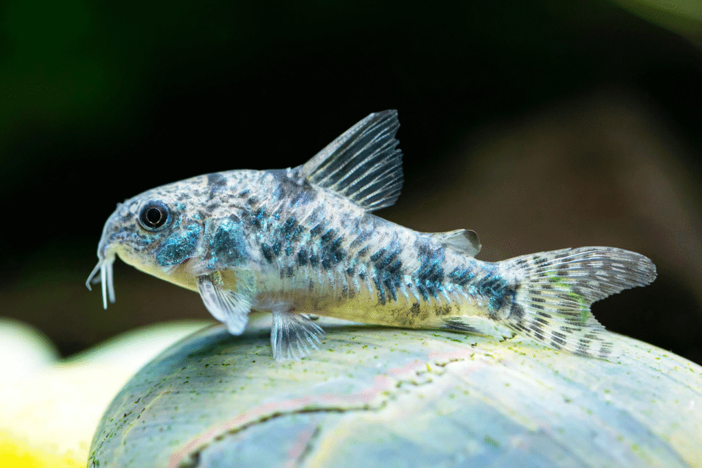 Peppered Corydoras catfish with mottled blue and grey body on aquarium décor