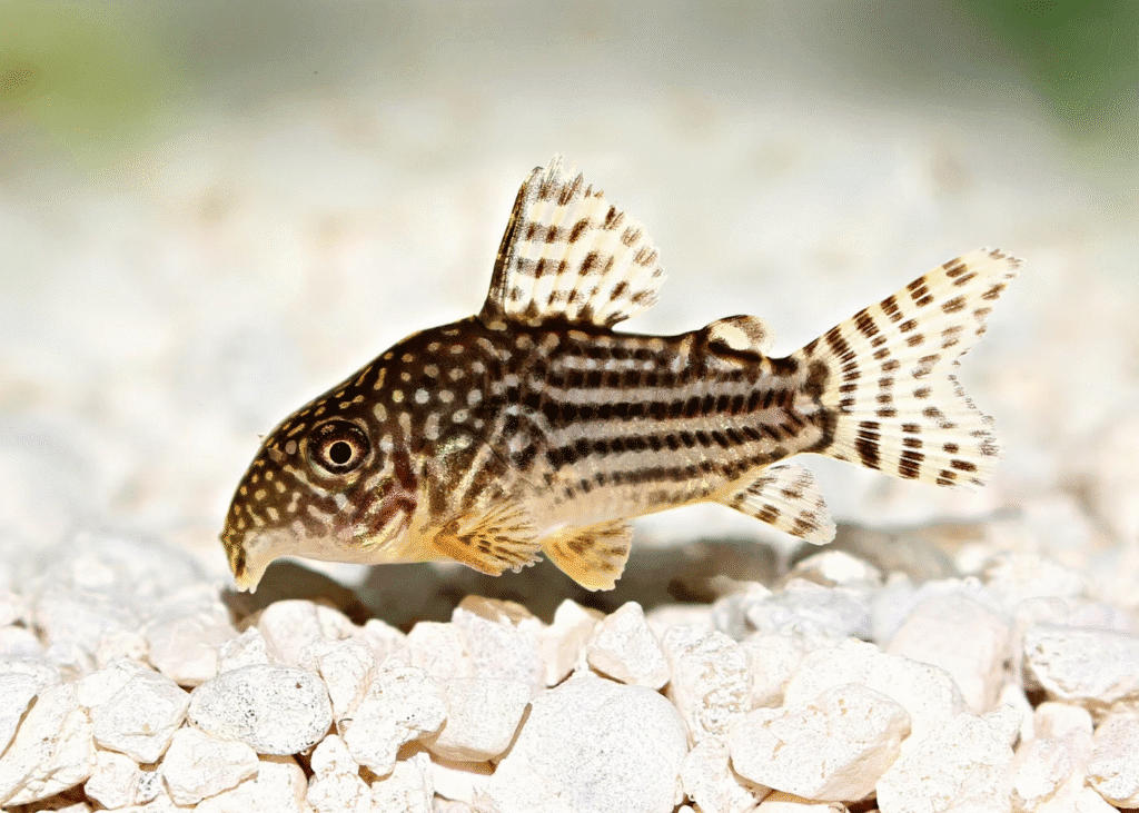 Spotted Corydoras catfish with distinct body dots and tail stripes on light gravel