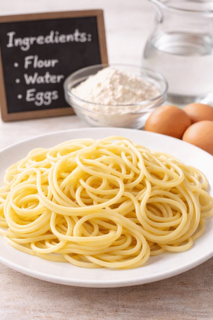 Cooked plain pasta on a plate with basic ingredients like flour and water nearby