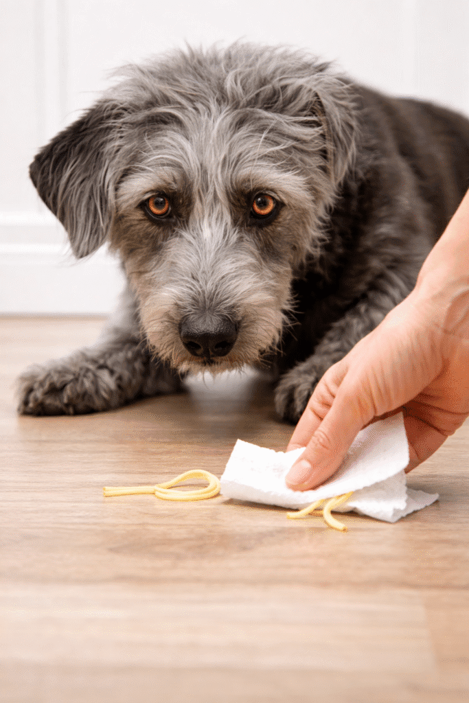 Dog reaching for a dropped pasta noodle while a person cleans up the spill
