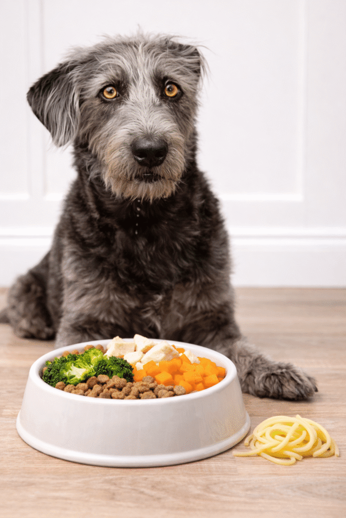 Dog next to a balanced dog meal with a small portion of plain pasta as an occasional treat