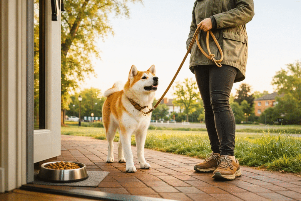Dog on leash looking up at owner near front door with food bowl indoors showing the choice between walking and feeding first