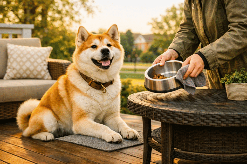 Content adult dog sitting outside while owner picks up an empty food bowl after a planned mealtime