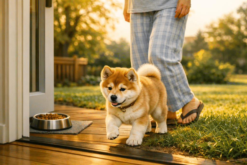 Deep chested dog eating slowly from an elevated slow feeder bowl in a quiet kitchen