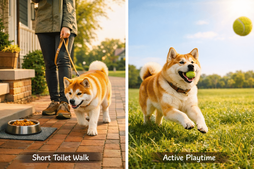 Comparison of dog on a short toilet walk near home and the same dog playing fetch later in the day