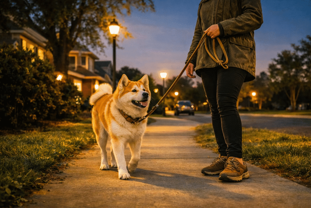Dog and owner taking a quiet evening walk on a neighborhood street before bedtime