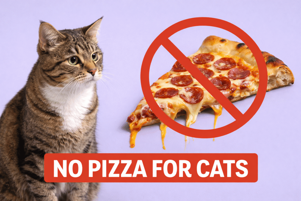 Tabby cat sitting on a lavender background next to a gooey pepperoni pizza slice covered by a red no symbol with a banner that says NO PIZZA FOR CATS.