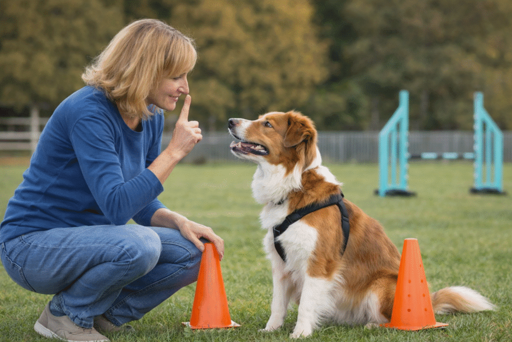 Woman crouching on grass gives a hand signal to a sitting brown and white dog between two orange cones during basic obedience practice on an agility field.