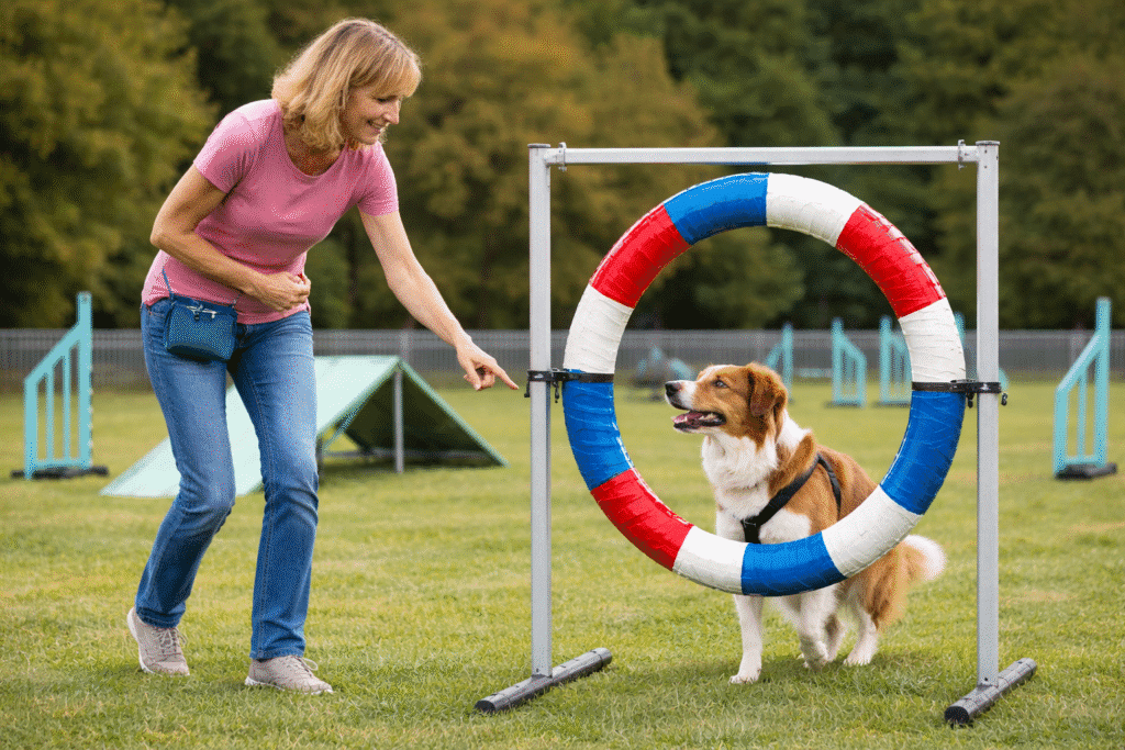 Woman in a pink shirt points toward a red white and blue tire obstacle while her brown and white dog stands beside it on an outdoor agility field.