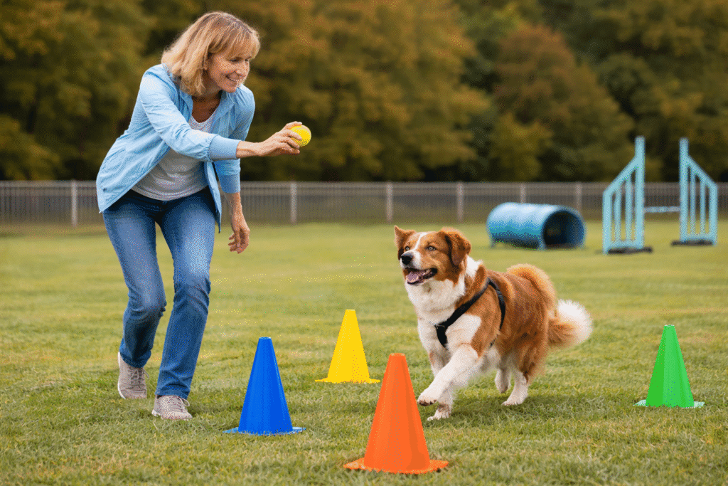 Woman in a light blue jacket holds a yellow ball while a happy brown and white dog trots through colorful cones on a grassy agility field.