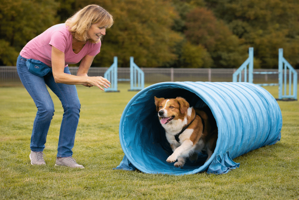 Woman in a pink shirt encourages a brown and white dog running out of a blue agility tunnel on a grassy field with other obstacles in the background.