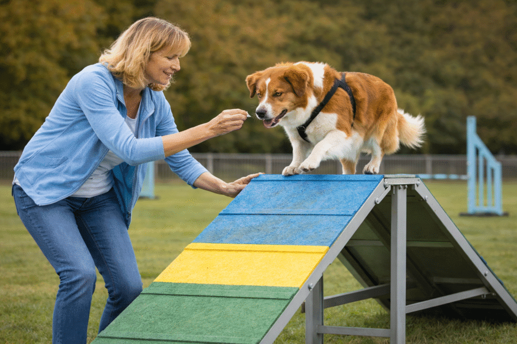 Woman in a light blue jacket lures a brown and white dog carefully down a colorful A frame contact obstacle on an outdoor agility field.