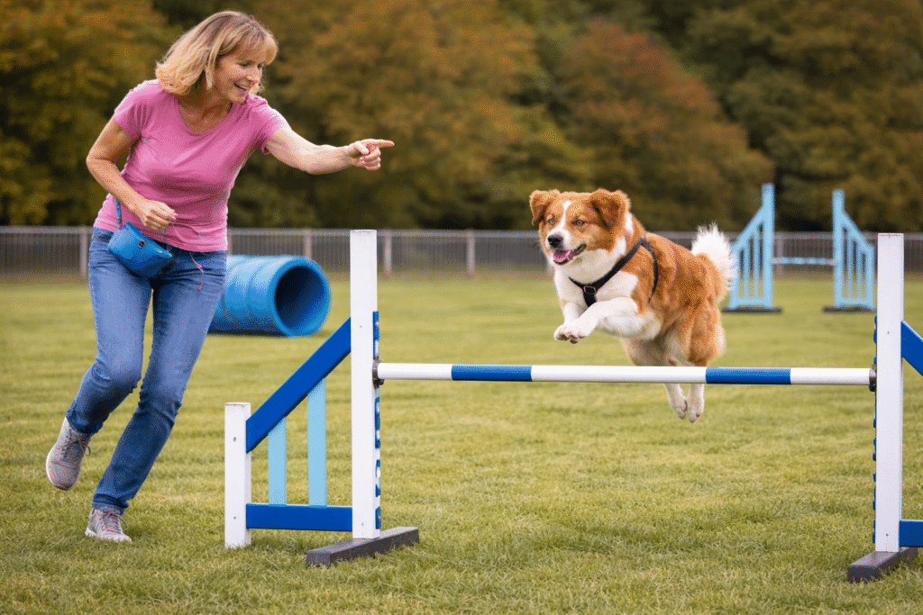 Woman in a pink shirt runs beside her brown and white dog as it jumps over a blue and white bar on an outdoor agility course with other obstacles in the background.