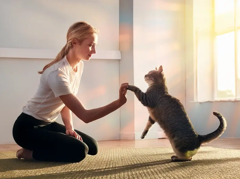 Woman kneeling on a mat while a gray cat stands on hind legs and touches her hand in a gentle high five