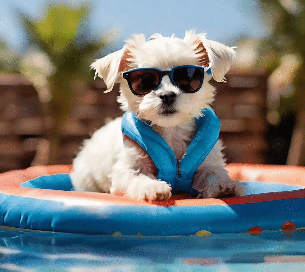 Small white dog wearing dark sunglasses and a blue life jacket while relaxing on a colorful pool float in a backyard pool on a sunny day.