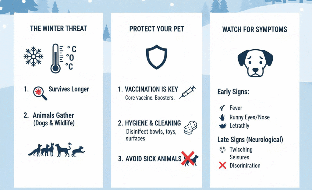 Winter themed infographic about dog health risks, showing how cold weather lets germs survive longer, how to protect pets with vaccination, hygiene, and avoiding sick animals, and which early and later symptoms of illness to watch for.
