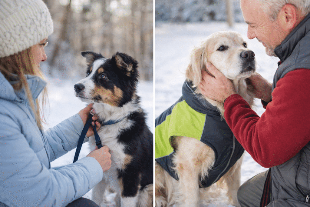 Split image of two people outdoors in the snow, one woman adjusting the leash of a young black and white dog and one man gently holding the face of an older golden retriever wearing a green and gray winter coat.