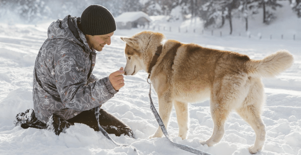 Man in a winter jacket kneeling in deep snow and gently offering a treat to a fluffy husky on a leash in a snowy field.