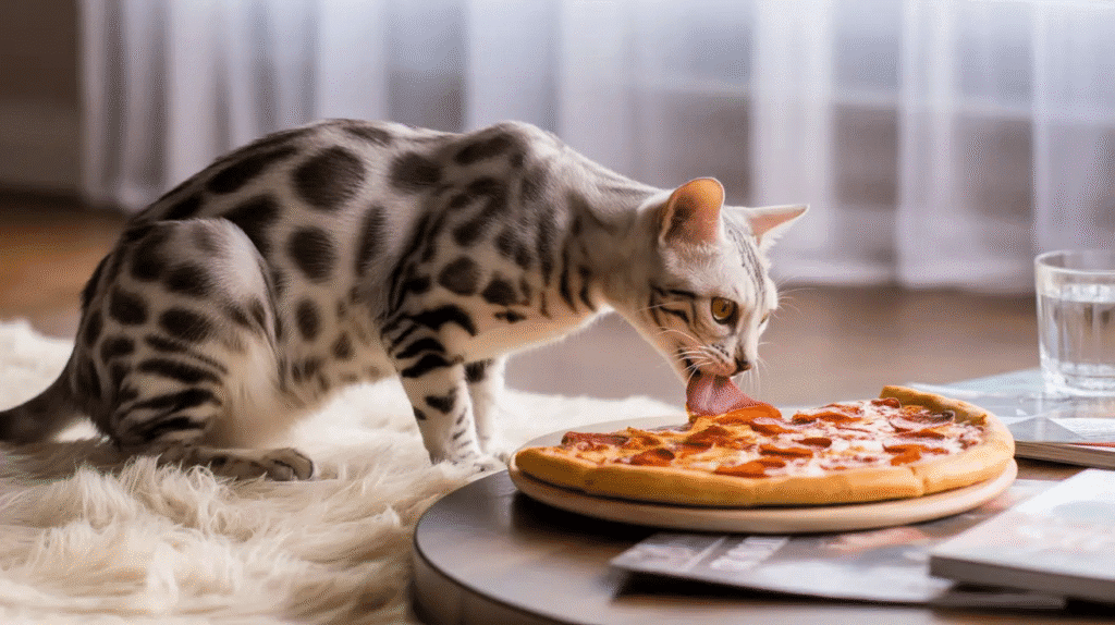 Spotted Bengal like cat standing on a fluffy rug and licking a pepperoni pizza that sits on a low coffee table.
