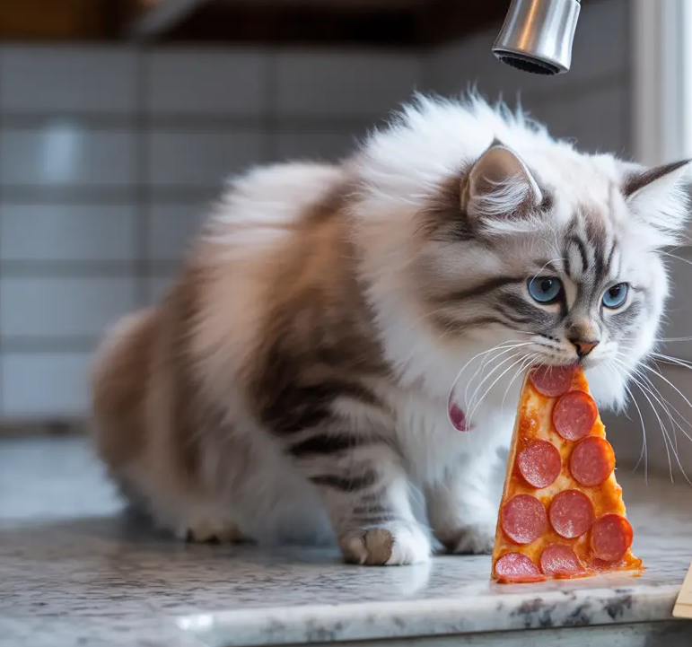 Fluffy long haired cat with blue eyes standing on a kitchen counter holding a slice of pepperoni pizza in its mouth.