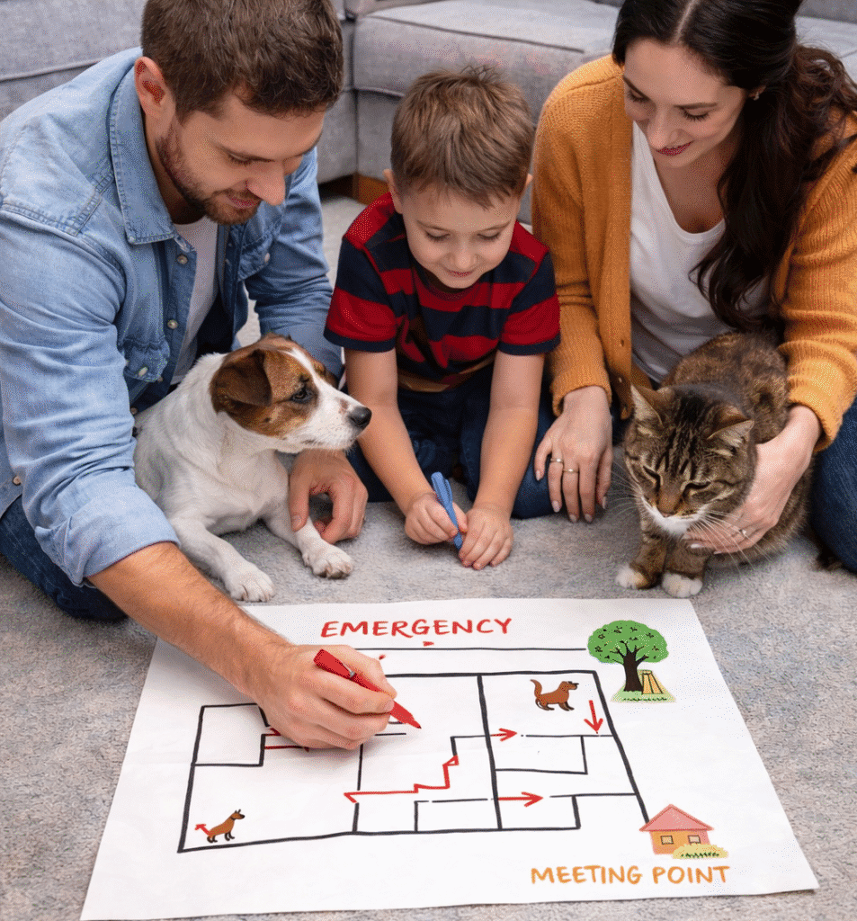 Family with a young child sitting on the floor with their dog and cat, drawing a home emergency escape map on a large sheet labeled Emergency and Meeting Point.