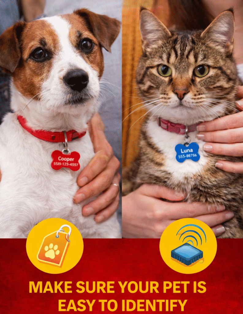 Close up of a small brown and white dog and a tabby cat, each wearing a collar with a clear name and phone number tag, held gently by their owners above icons for ID tags and microchips with the words Make sure your pet is easy to identify.