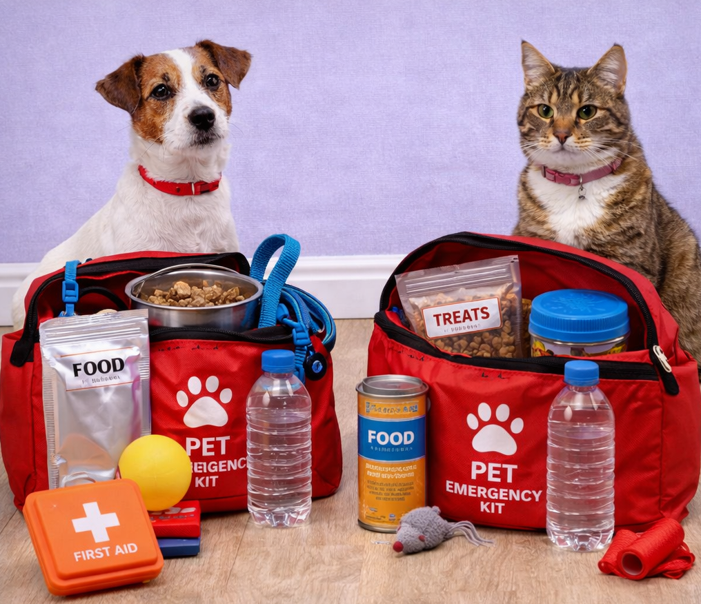 Small brown and white dog and tabby cat sitting behind two red pet emergency kit bags filled with pet food, water bottles, first aid supplies, toys and other essentials.