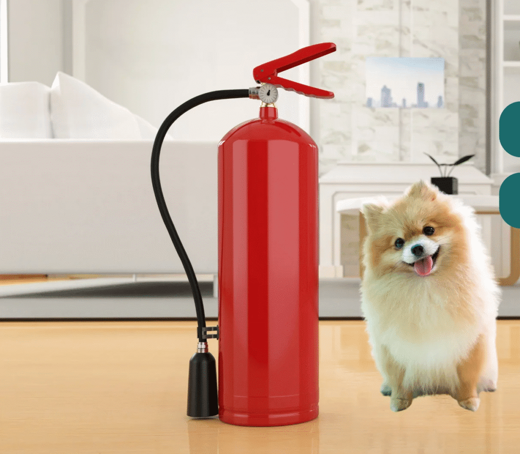 Fluffy Pomeranian dog sitting on a shiny floor next to a large red fire extinguisher in a modern living room.