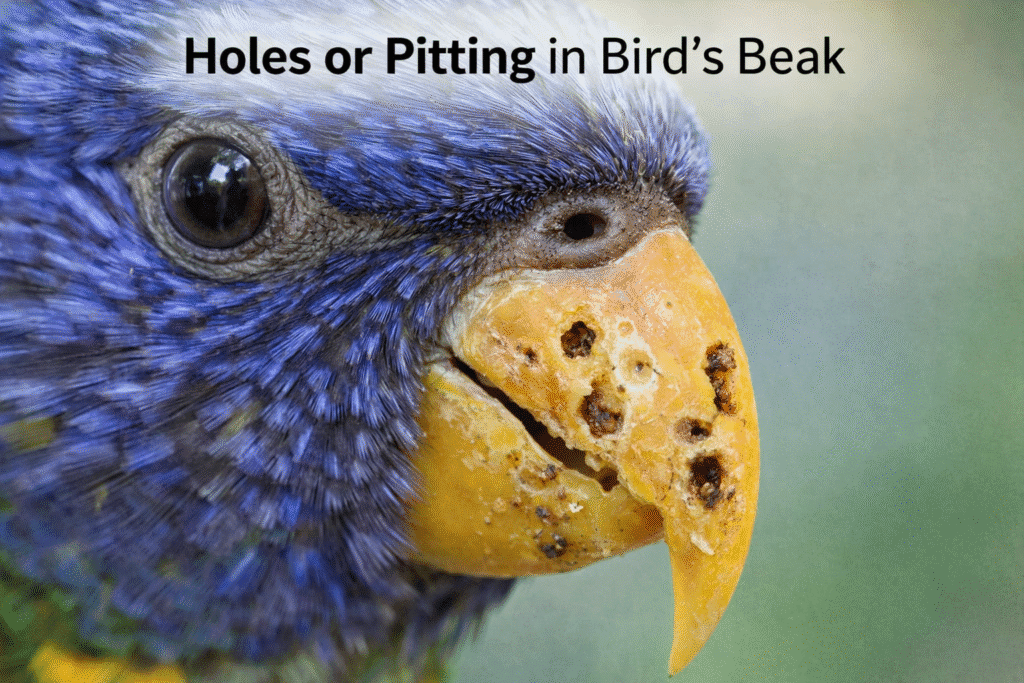 Close up of a parrot’s head showing multiple round holes and pits in the yellow beak, illustrating a serious beak health problem