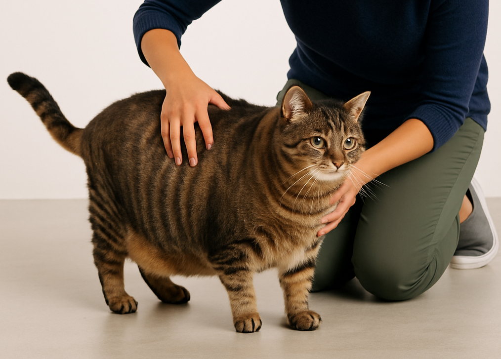 Person gently holding a large tabby cat while checking its body condition on the floor