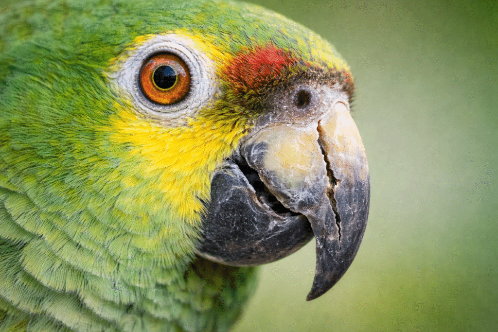 Close up of a green and yellow parrot showing a long vertical crack running through the curved upper beak