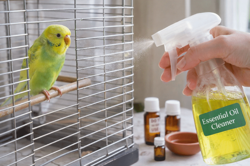 Yellow and green parakeet perched inside a metal cage while a hand sprays an essential oil cleaner onto the cage bars, with small amber oil bottles in the background.