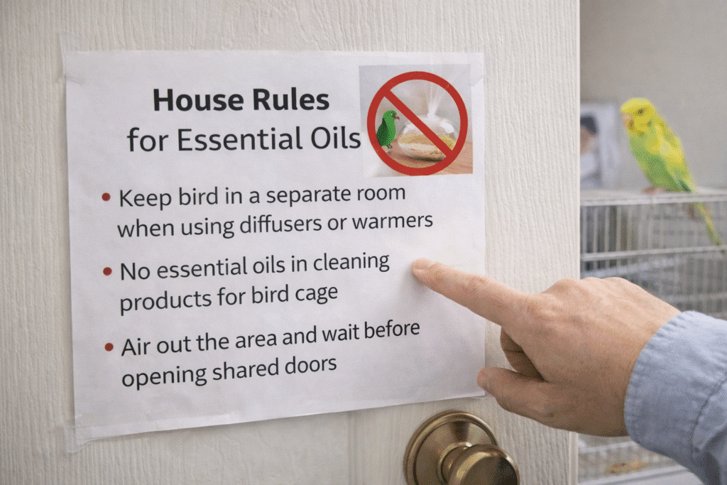 Printed sign on a door titled House Rules for Essential Oils with bullet points about keeping the bird in a separate room, not using essential oils in cage cleaners, and airing out the area, while a hand points to one rule and a yellow green budgie sits in a cage in the background.