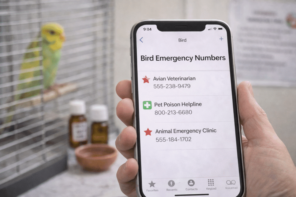 Hand holding a smartphone that displays a list titled Bird Emergency Numbers with contacts for an avian veterinarian, a pet poison helpline, and an animal emergency clinic, while a yellow green budgie and essential oil bottles are blurred in the background.