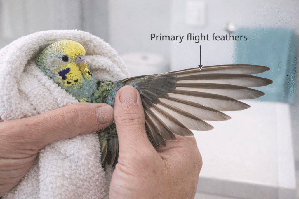Hands gently holding a budgie wrapped in a soft towel while one wing is spread out, with a label pointing to the primary flight feathers.