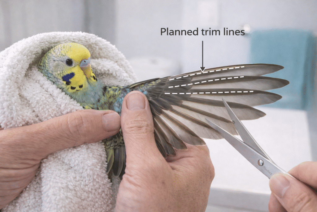 Hands holding a budgie wrapped in a white towel while scissors are positioned near its spread wing, with dotted lines labeled planned trim lines along the primary feathers.