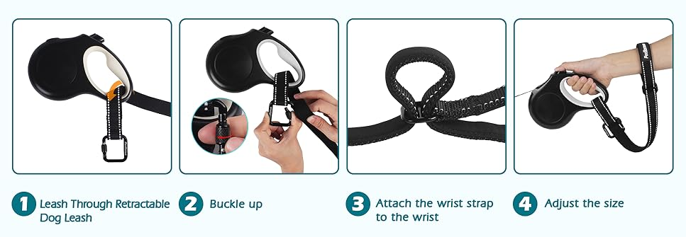 Four panel graphic showing hands threading a strap through a retractable dog leash, buckling it, looping it, and tightening it around the wrist for secure handling.
