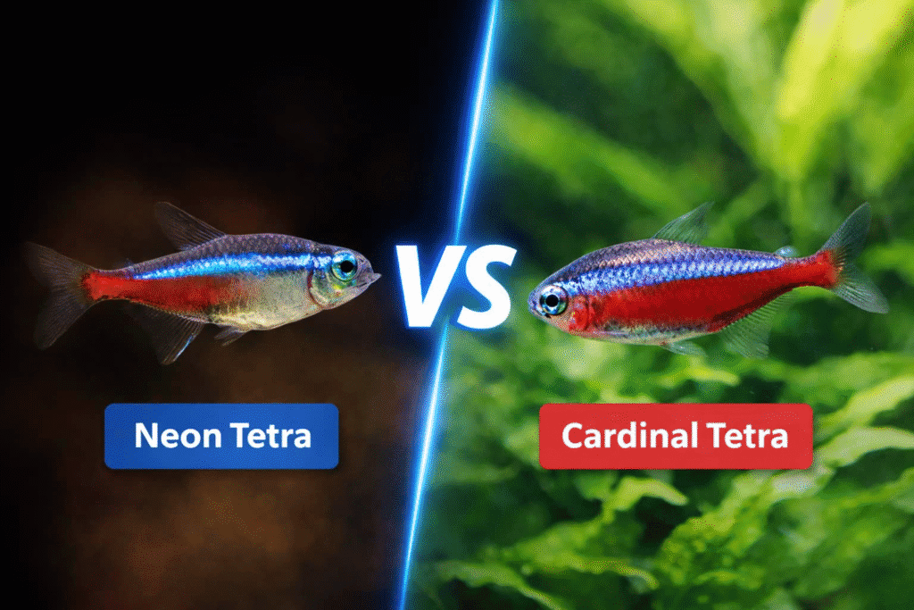 Neon Tetra vs Cardinal Tetra side by side comparison showing red stripe difference
