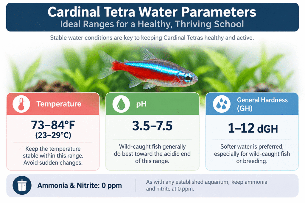 Ideal water temperature and pH range chart for Cardinal Tetra care
