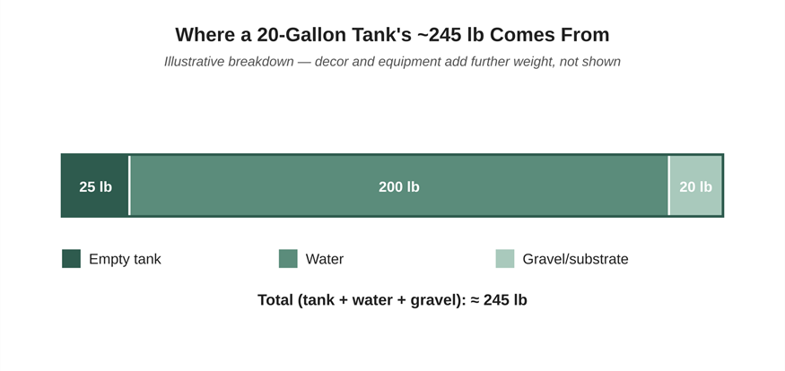 Original diagram: illustrative weight breakdown for a 20-gallon setup (tank + water + gravel).