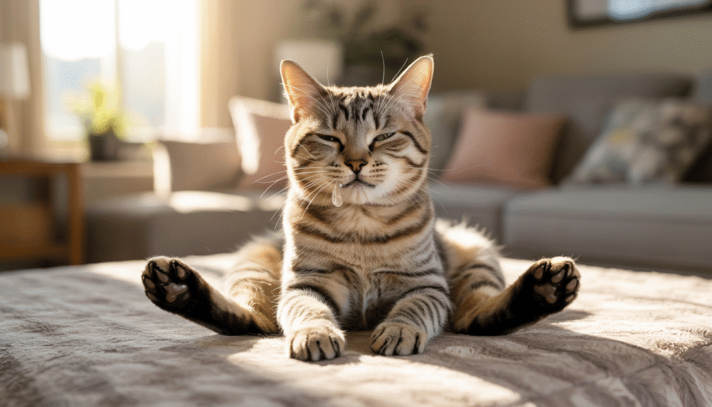 Brown tabby cat sprawled on a bed with eyes half-closed, a small string of drool on its chin, in a sunlit living room.