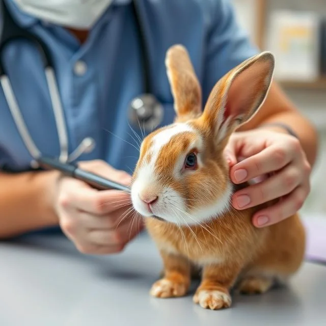 Rabbit health checkup — vet examining rabbit for sickness symptoms